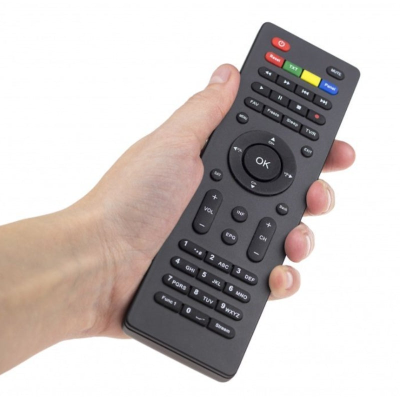 Hand holding TV remote spy camera with audio